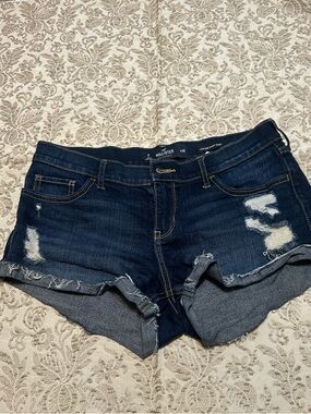 Hollister Women’s Dark Blue Distressed Roll-Cuff Denim Shorts